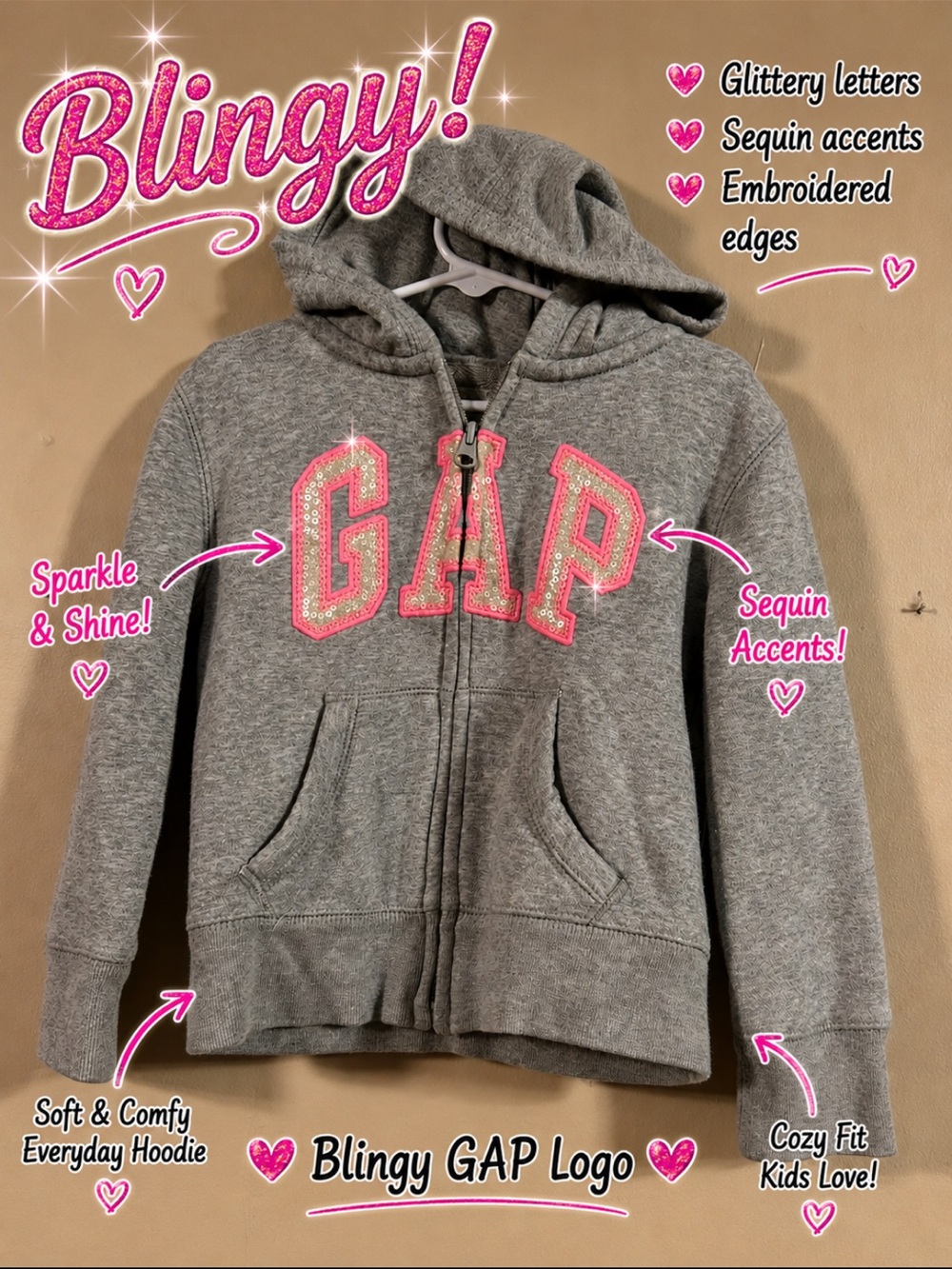 GAP Gray Hoodie with Pink Sequin Logo